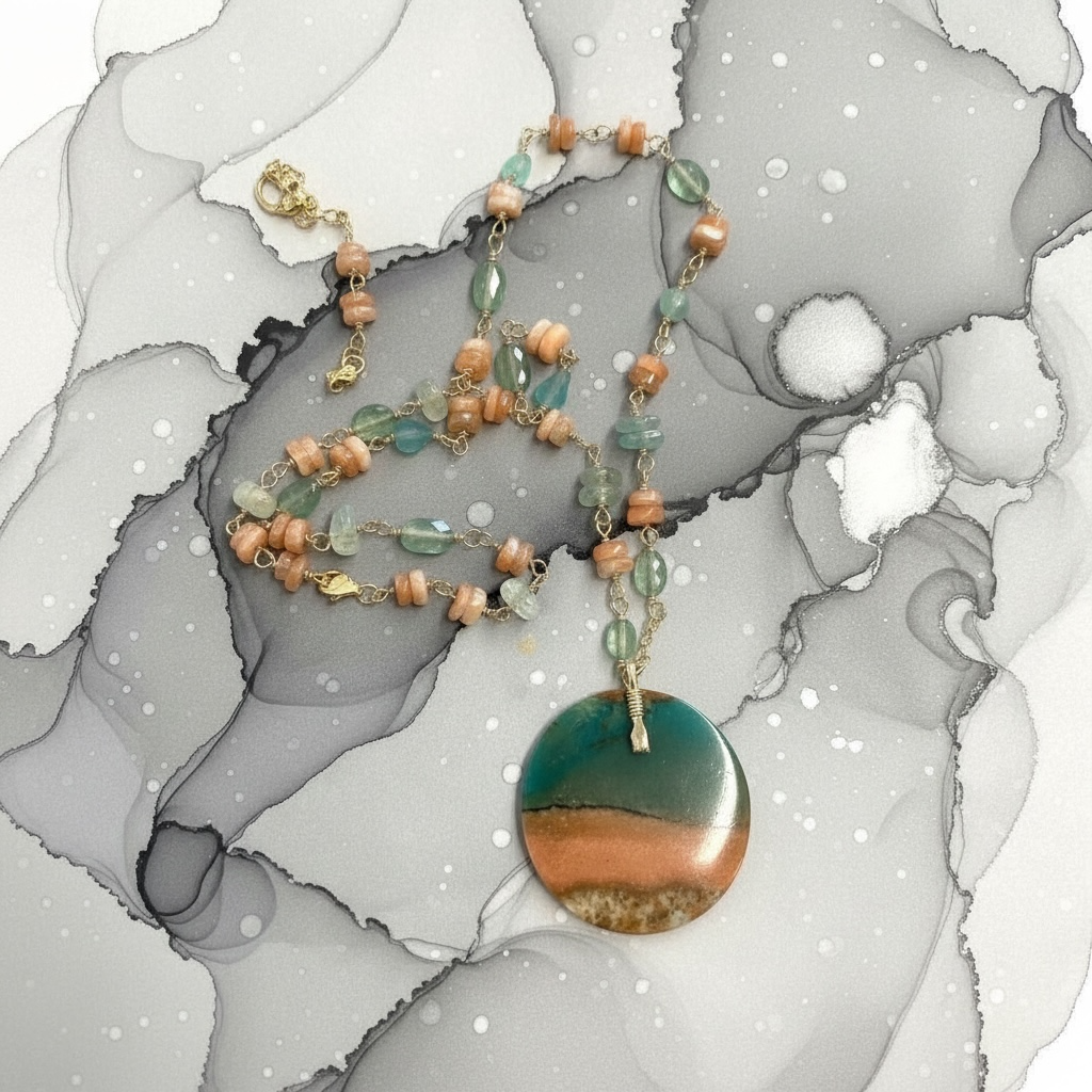 Necklace with multi color petrified opalized wood