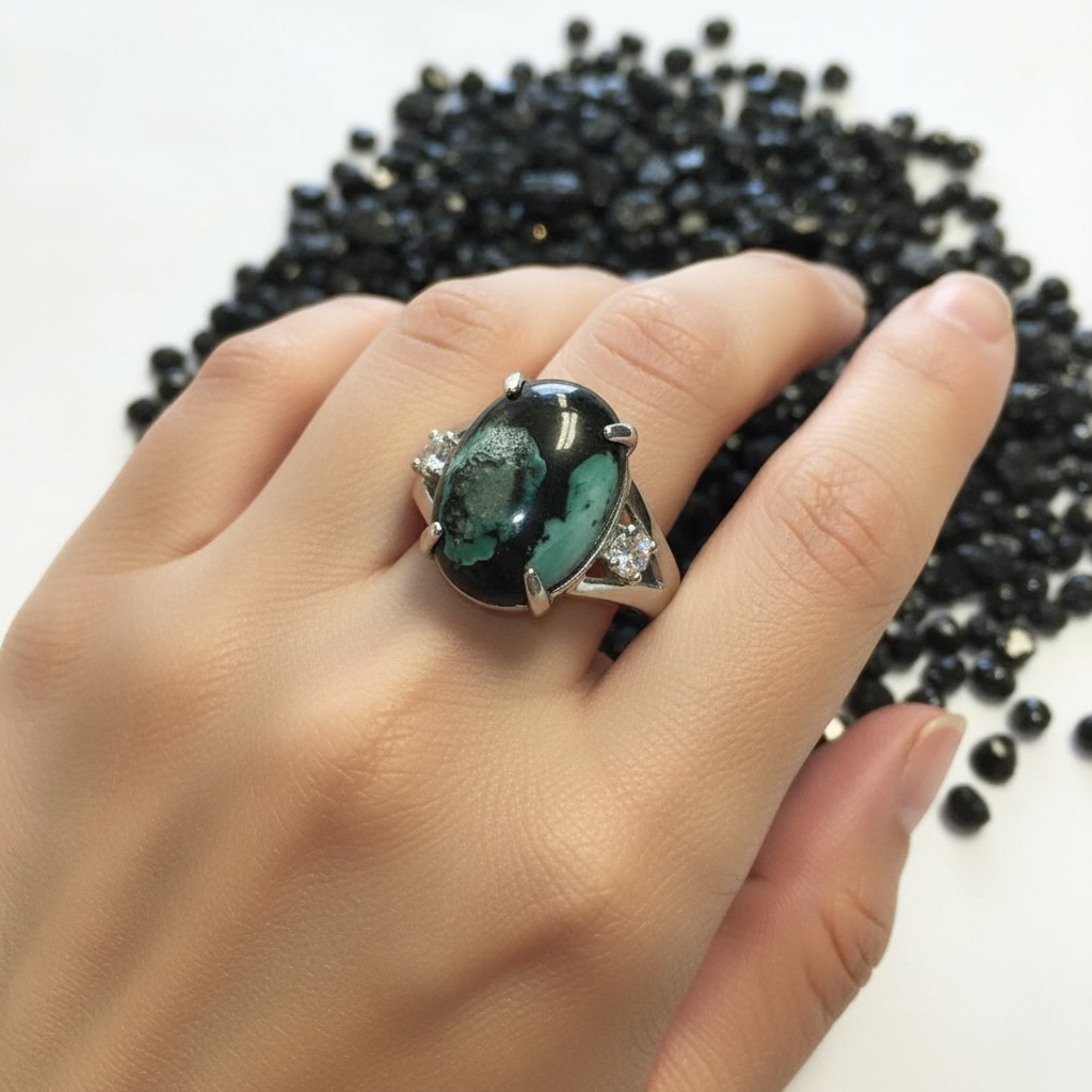 Ring with black blue petrified opalized wood