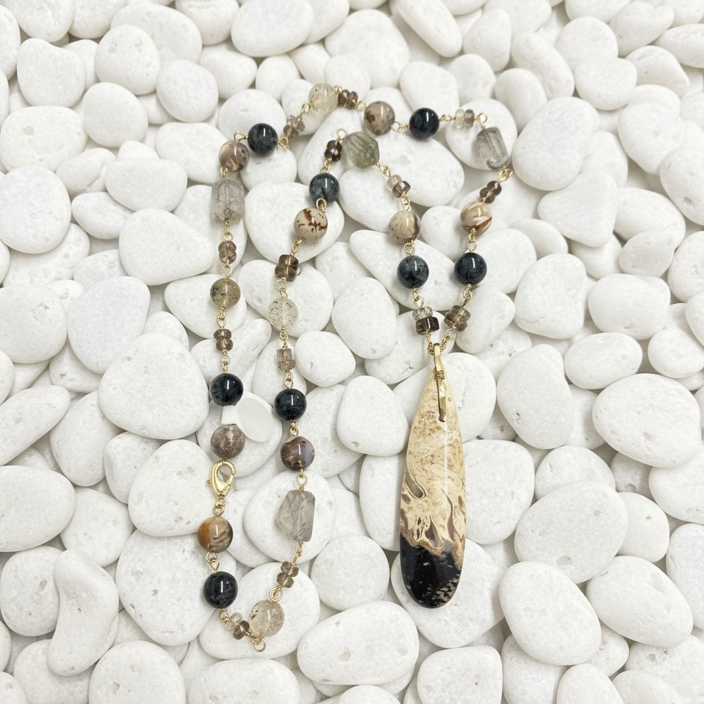 Necklace with petrified palm wood