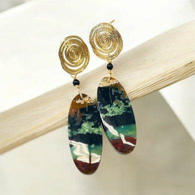 Earrings with dark opalized wood
