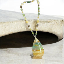Necklace with natural green beige opalized wood