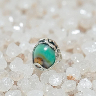 Ring with opalized petrified wood cabochon