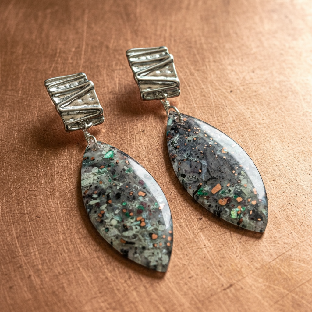 Earrings with natural copper on chrysocolla with eye studs