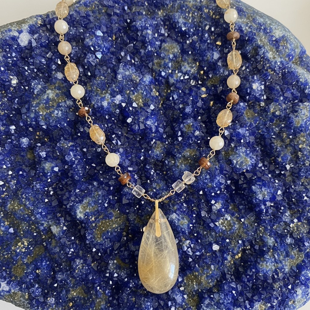 Necklace with Golden Rutilated Quartz and other gem stones
