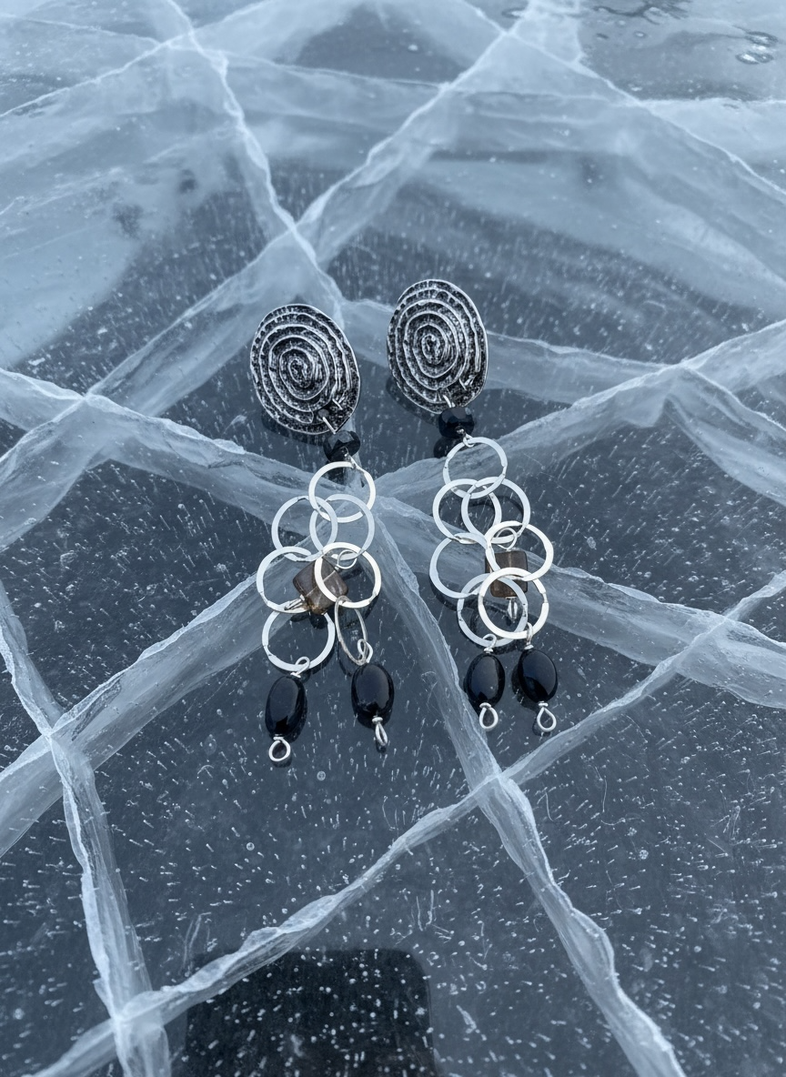 Earrings with chain in black tourmaline