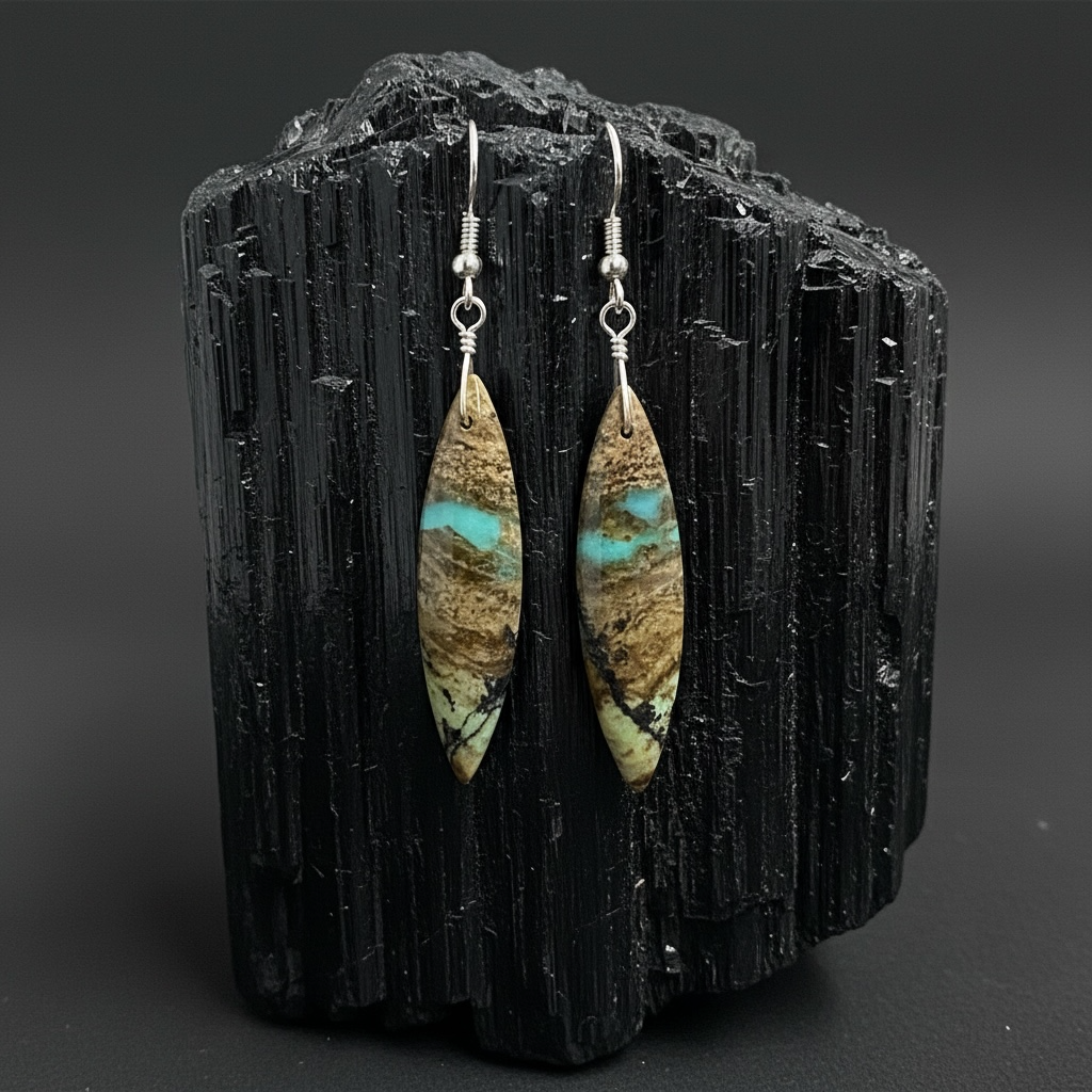 Earrings with petrified Opalized wood