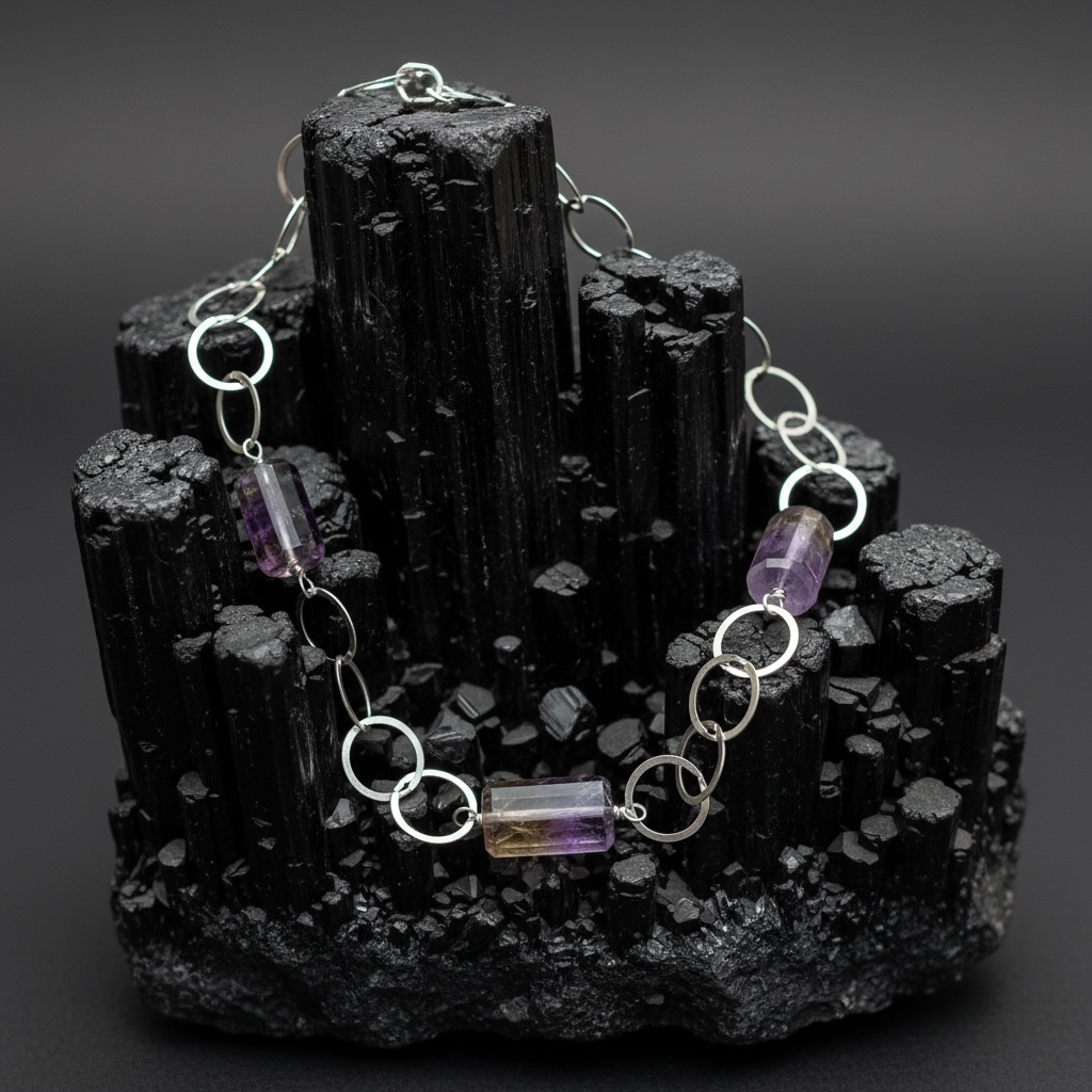 Necklace with silver chain and amethyst/ametrin barrel beads