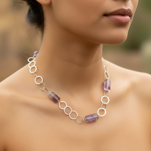 Necklace with silver chain and amethyst/ametrin barrel beads