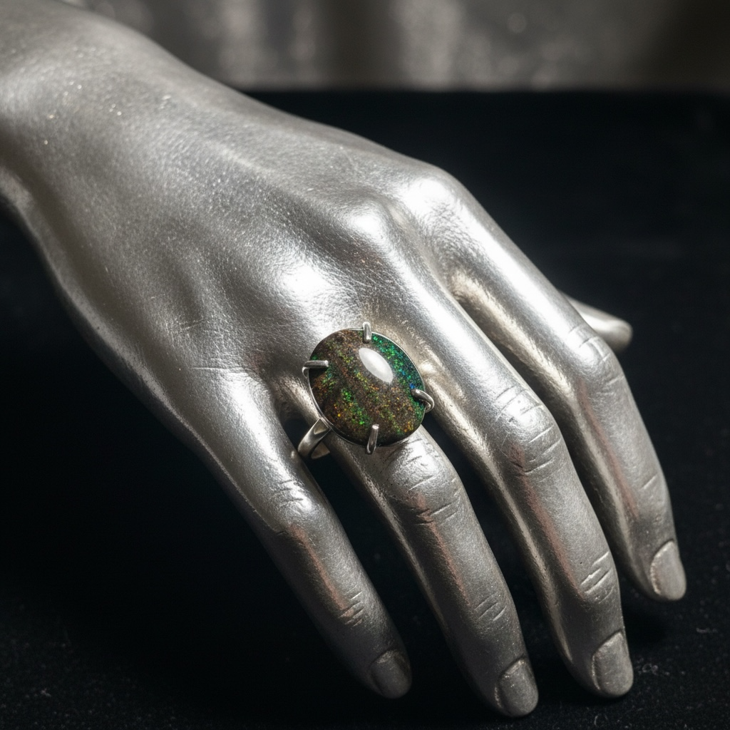 Ring with black kalimaya opal