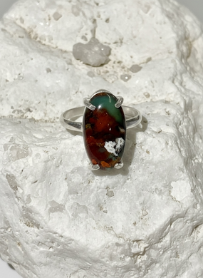 Ring with multi color petrified opalized wood