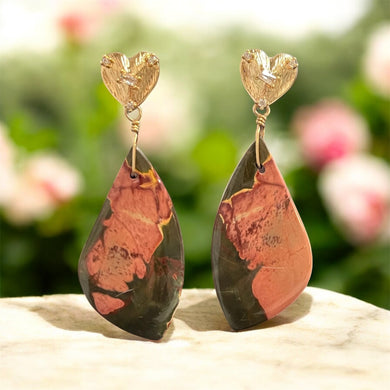 Earrings with heart studs and jasper