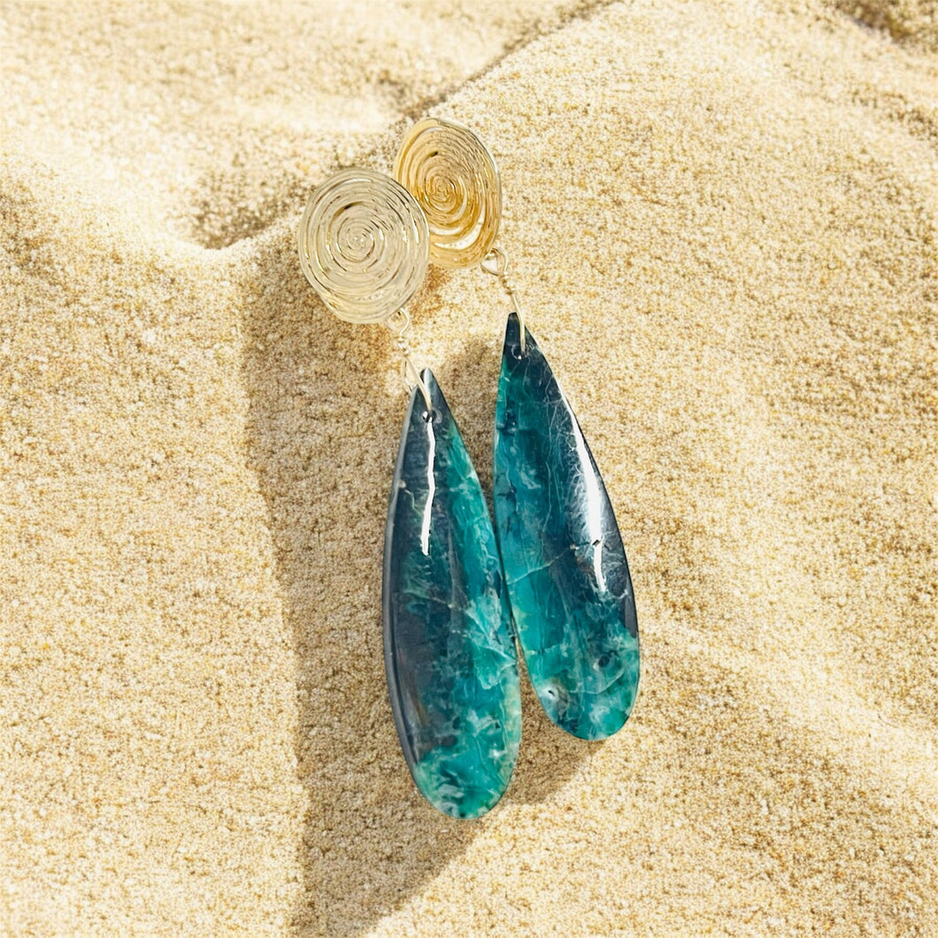 Earrings with studs and crystalized opal on petrified wood