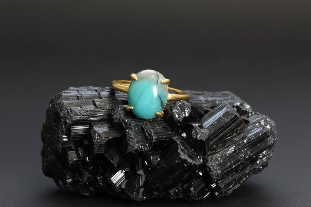 Ring with baby blue petrified opalized wood
