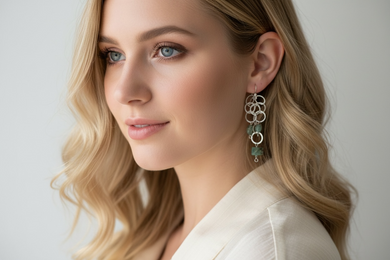 Earrings with chain and unique cut opalized wood and indigo tourmaline