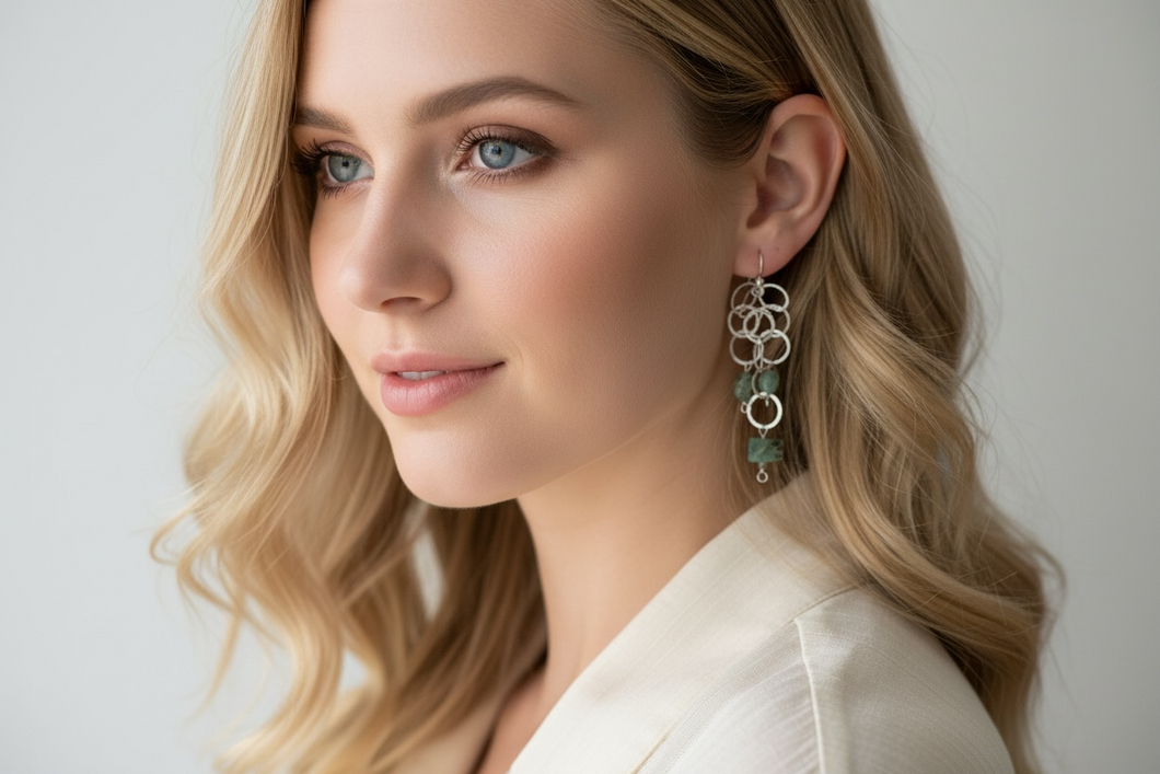 Earrings with chain and unique cut opalized wood and indigo tourmaline