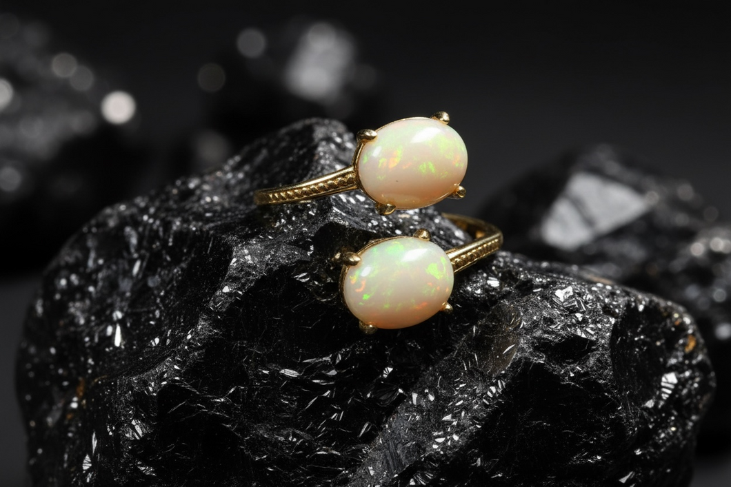 Ring with natural white Ethiopian opals with prongs