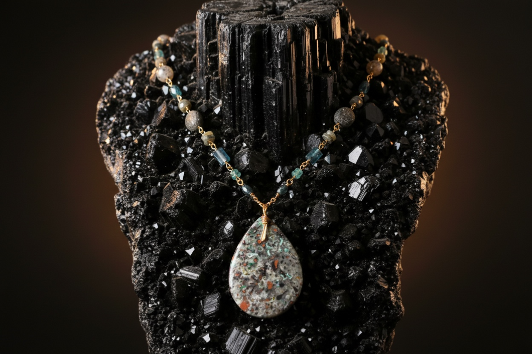 Necklace with natural cooper on chrysocolla