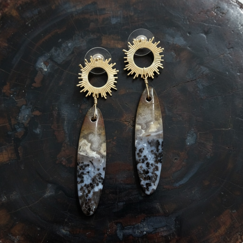 Earrings with petrified palm root