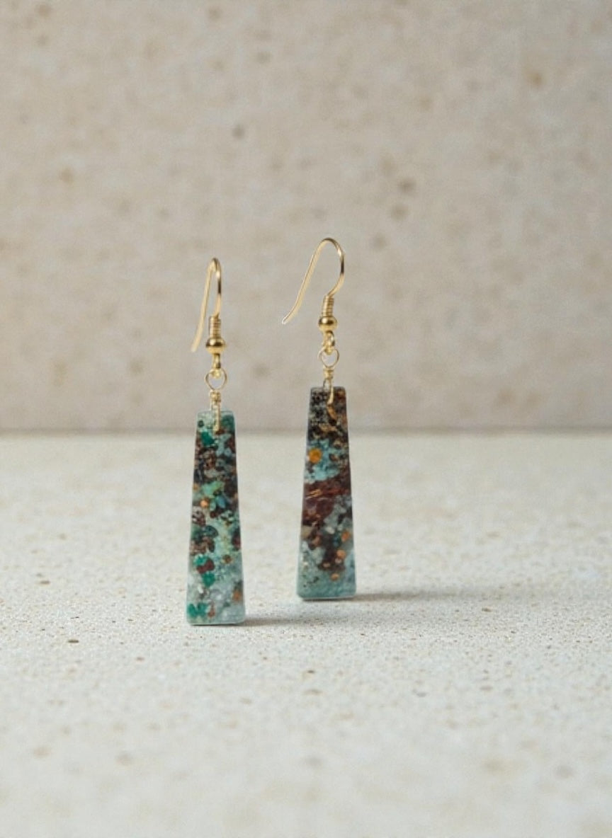 Earrings with natural copper on chrysocolla
