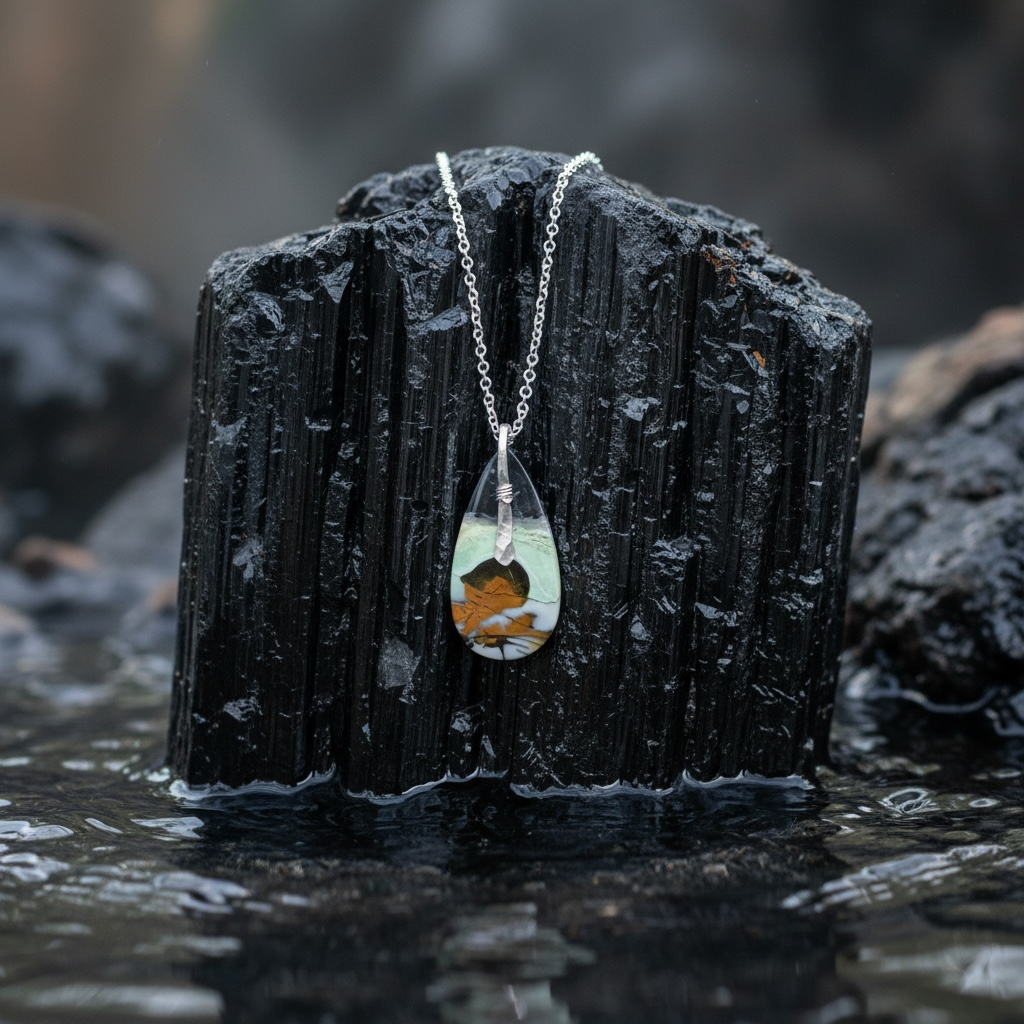 Pendant with natural petrified opalized wood
