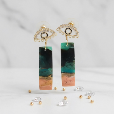 Earrings with light green, black and brown opalized wood