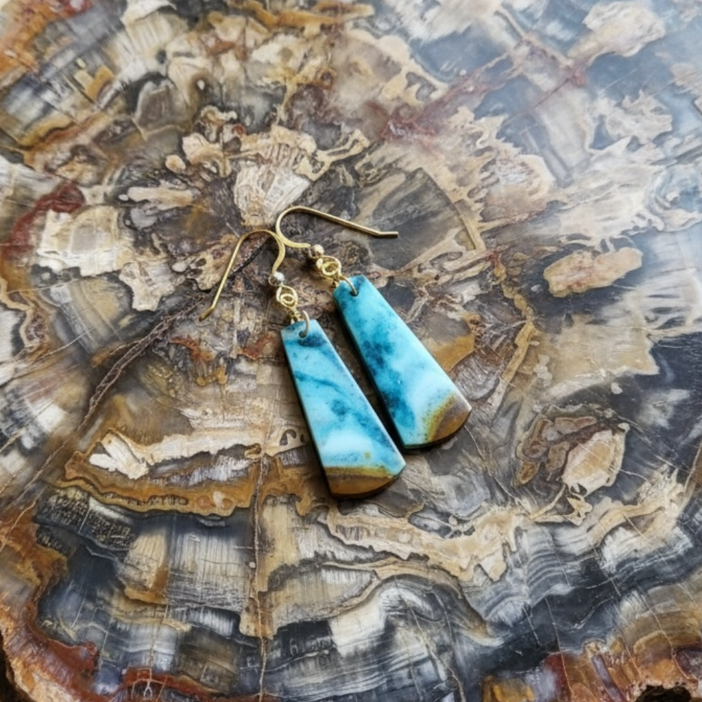 Earrings with blue petrified Opalized wood