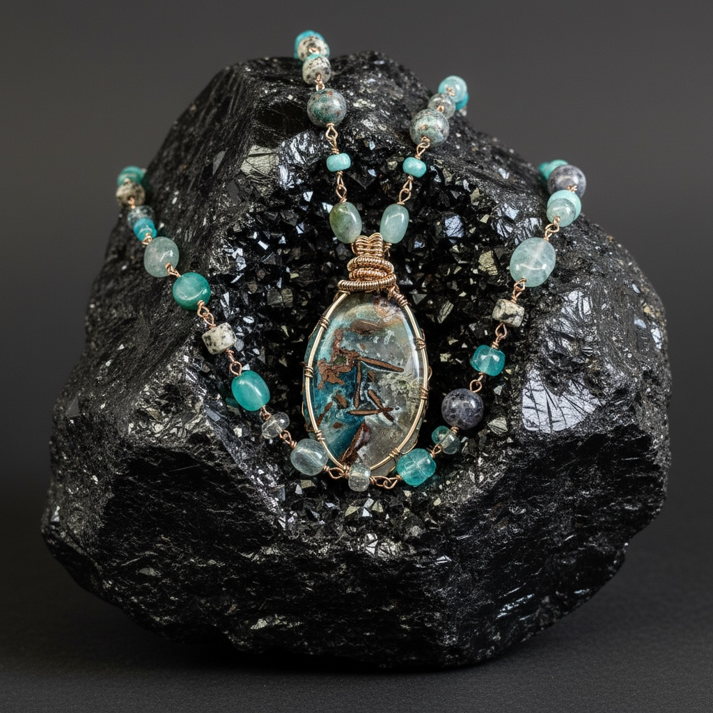 Necklace with natural cooper on chrysocolla