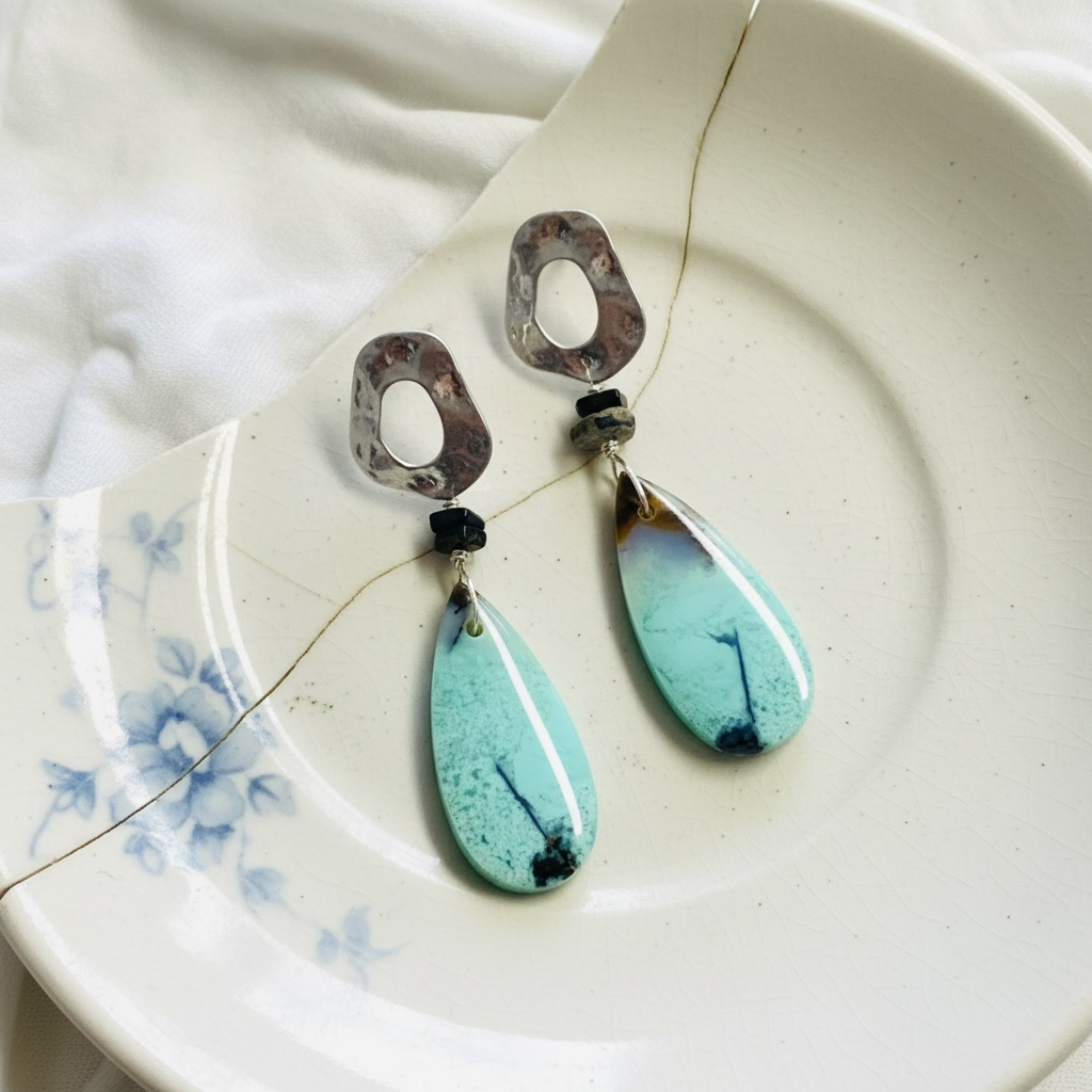 Earrings with blue petrified opalized wood