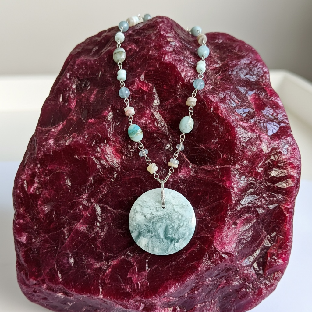 Necklace with blue plume agate and gem stones