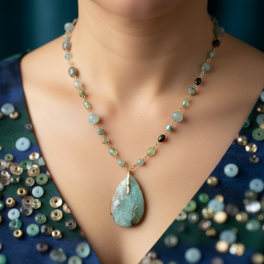 Necklace with opal wood and various stones
