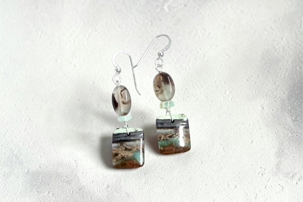 Earrings with multi-color opalized wood