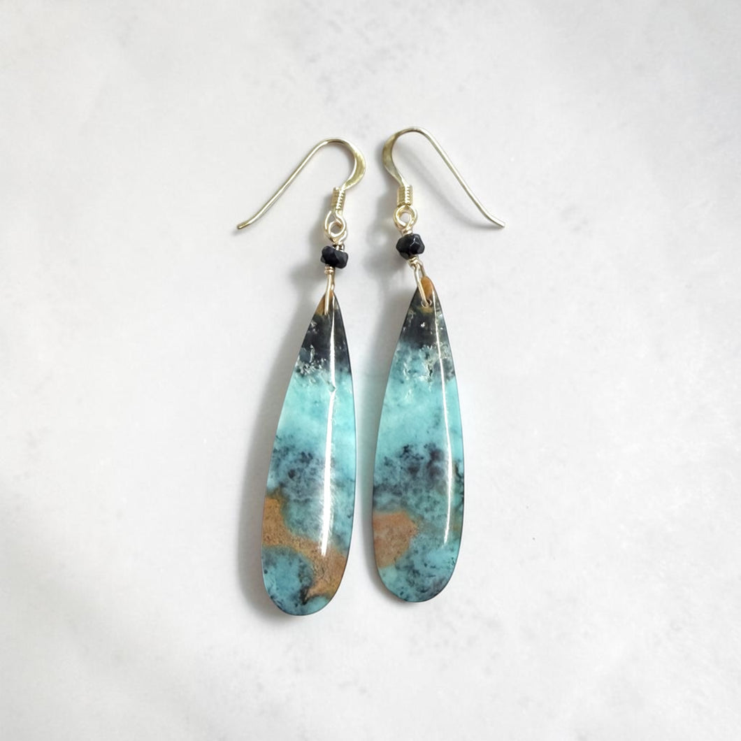 Earrings with blue-orange opal wood