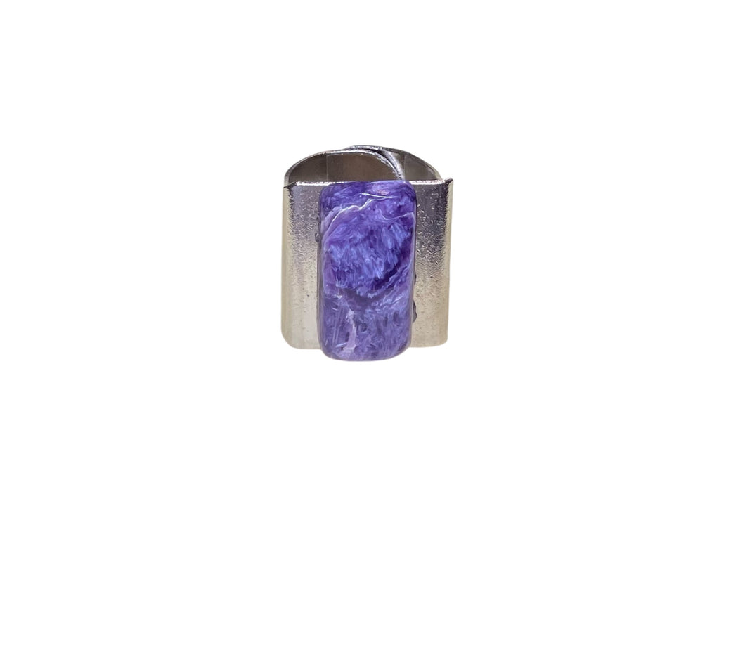 Ring with square big Charoite cabochon