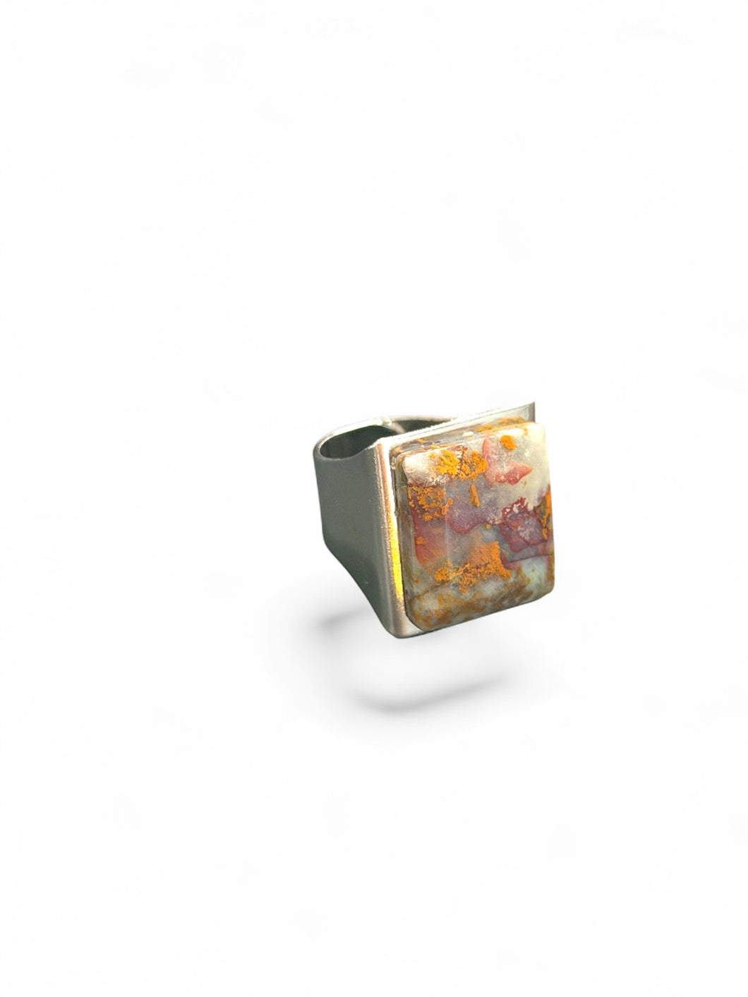Ring with oval petrified opalized wood cabochon