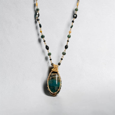 Necklace with dark colors petrified opalized wood and various stones