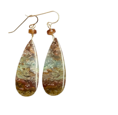 Earring with Autumn colors of opalized petrified wood