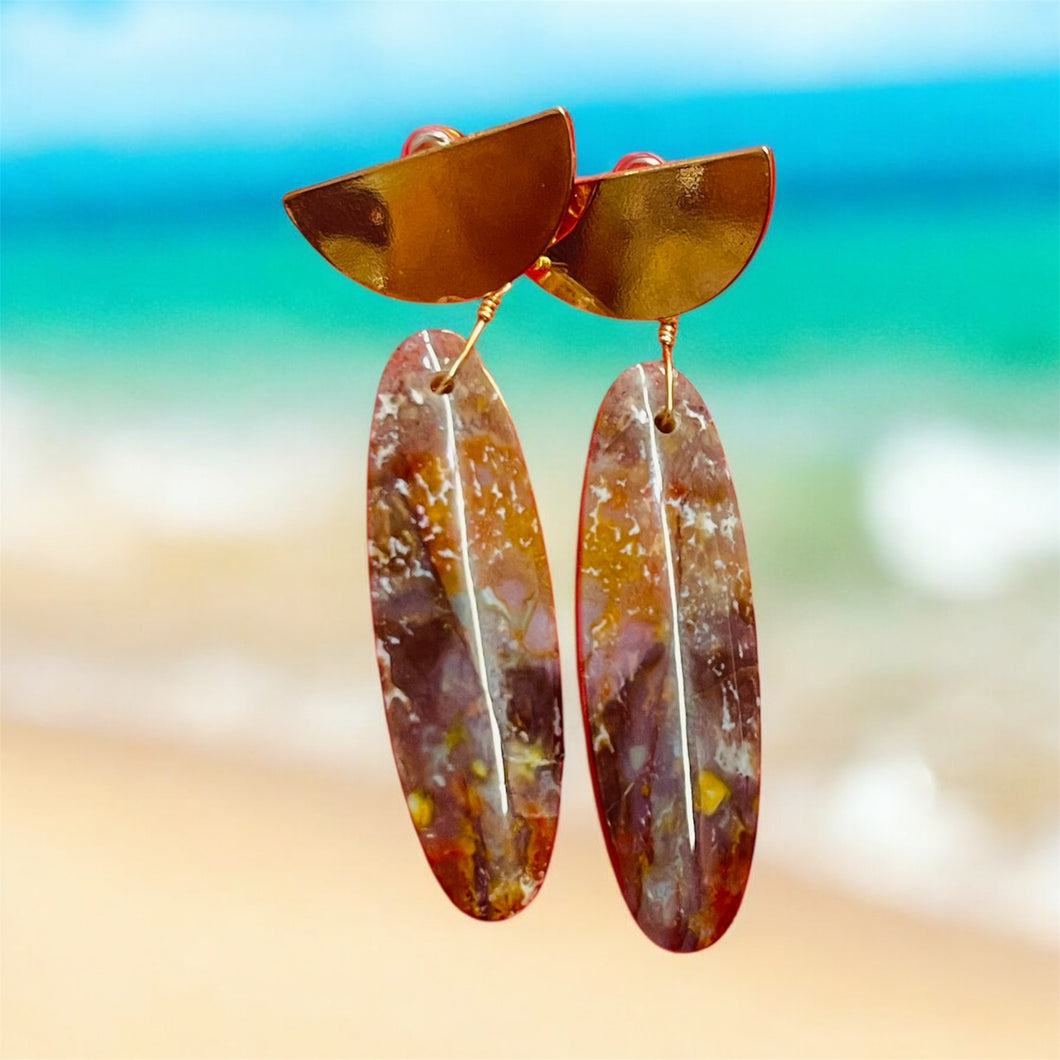 Earrings with red plume agate