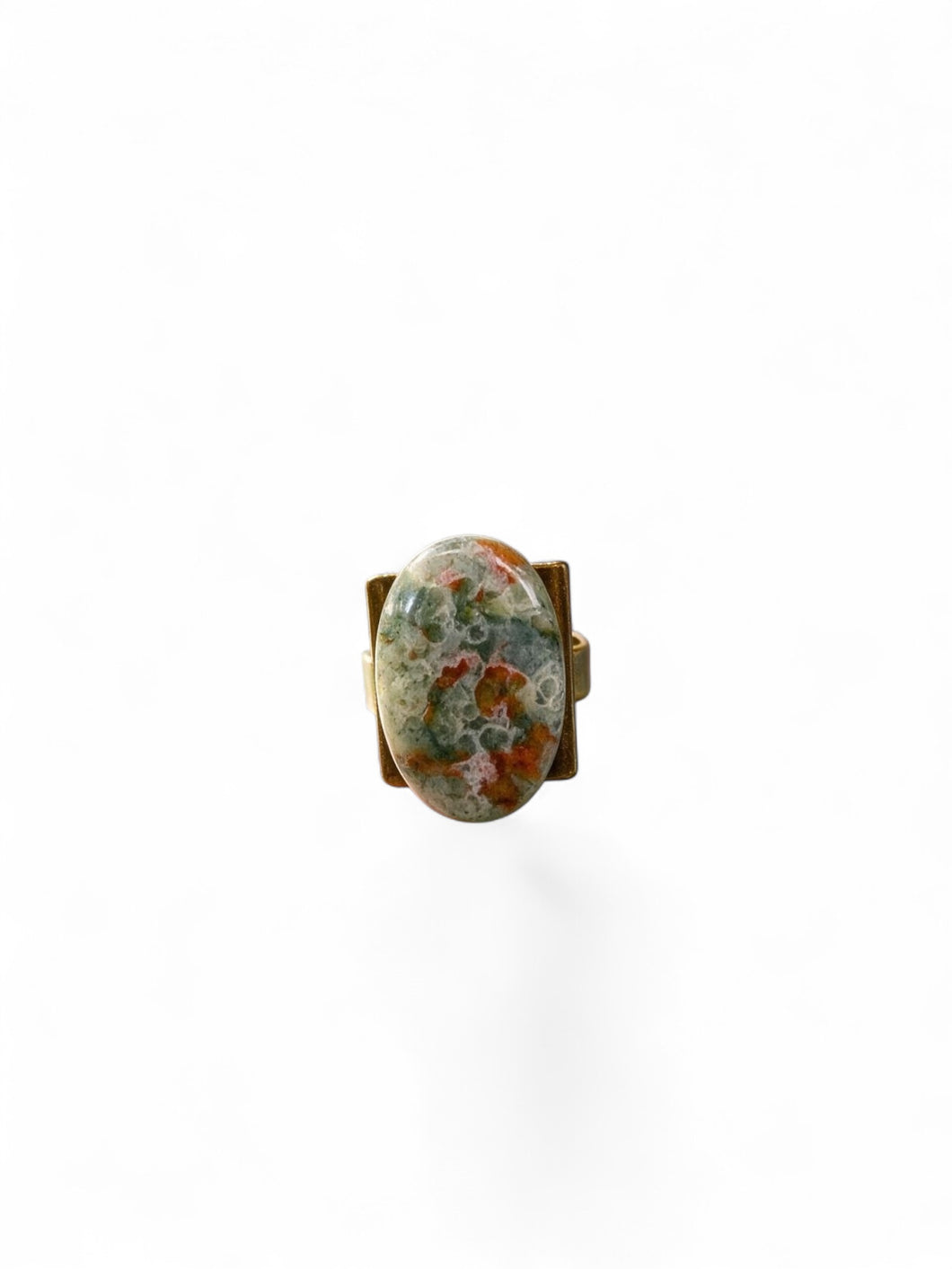 Ring with oval petrified opalized wood cabochon