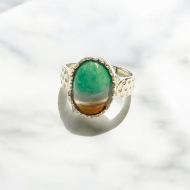 Ring with brown-green colors agatized opal wood