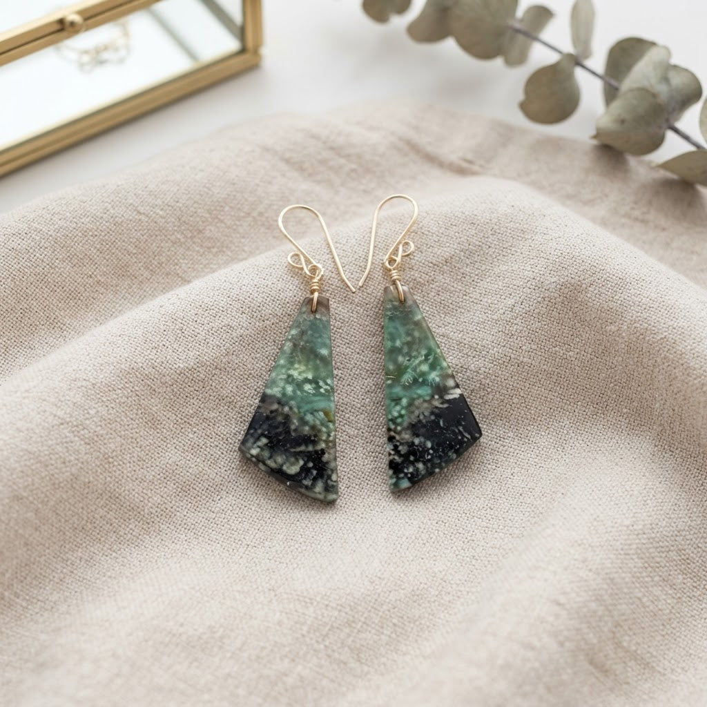 Earrings with green opalized wood