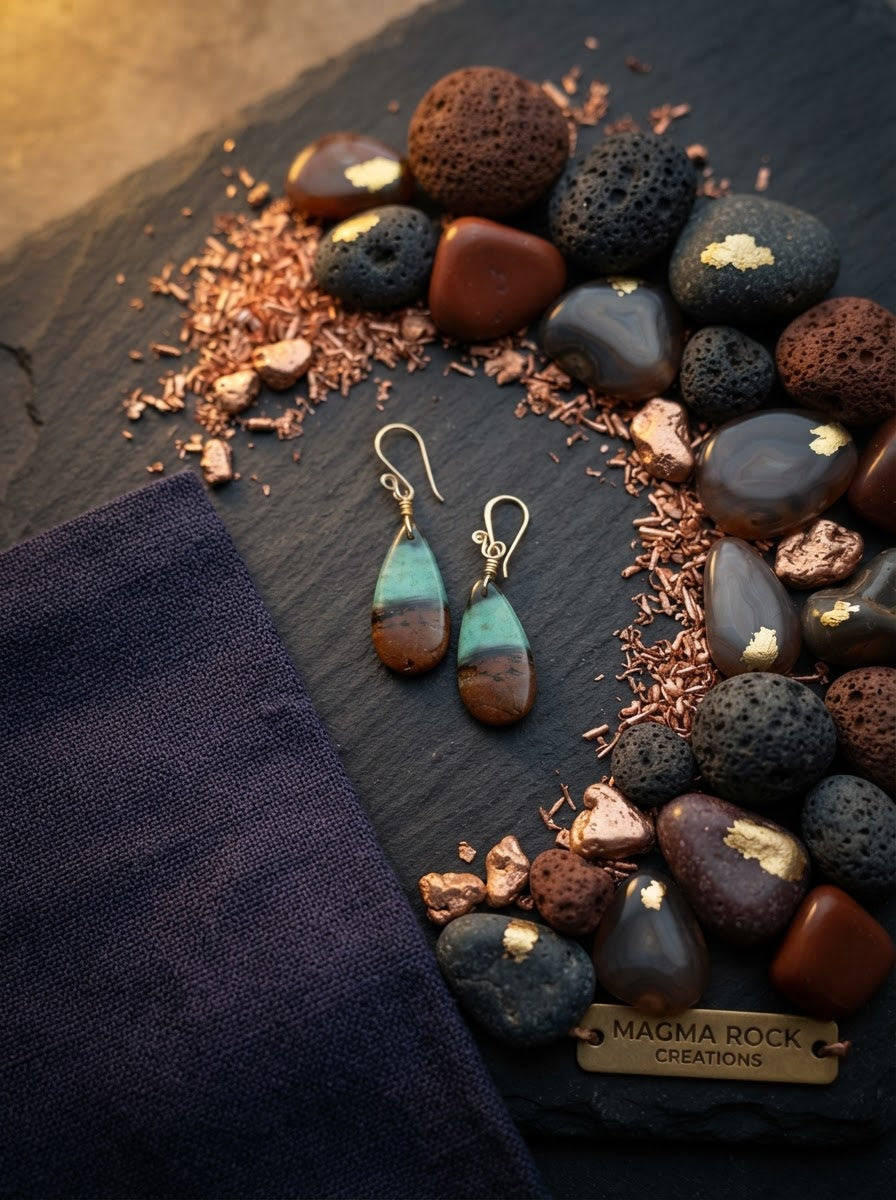 Earrings with petrified Opalized wood
