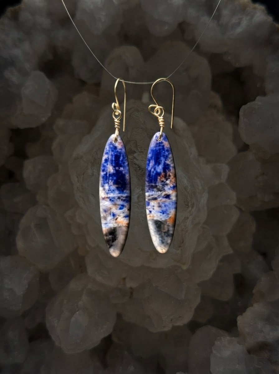 Earrings with long oval sodalite