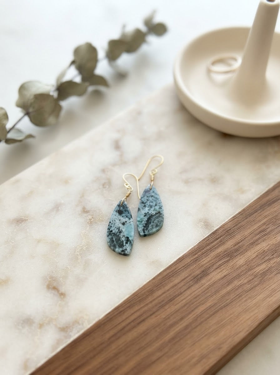Earrings with petrified Opalized wood