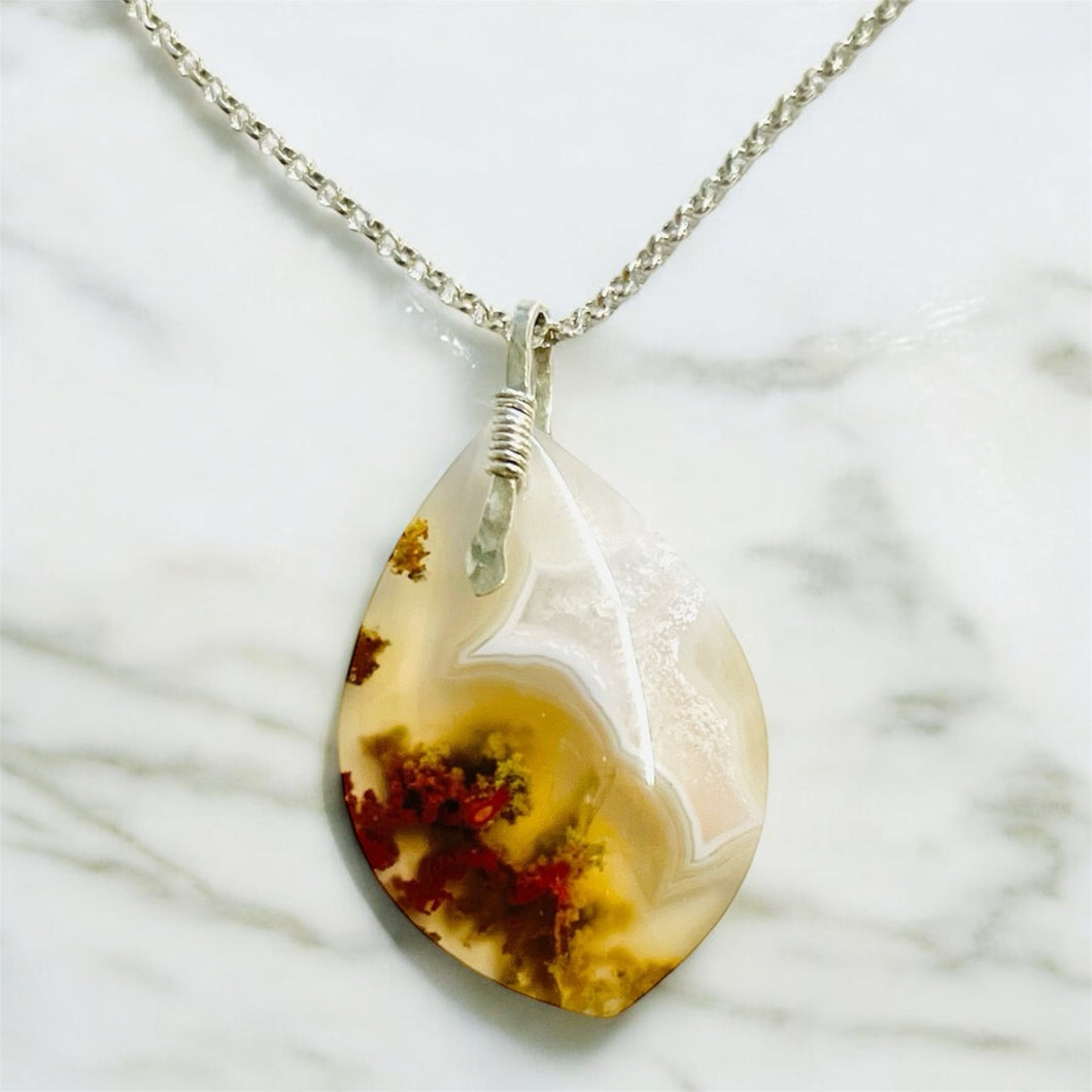 Pendant with natural moss agate tear drop shape