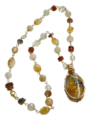 Necklace with Golden Rutilated Quartz and other gem stones