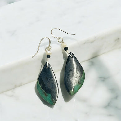 Earrings with dark opalized wood