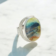 Ring with green opalized wood and copper