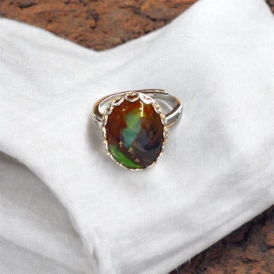 Ring with opalized petrified wood cabochon