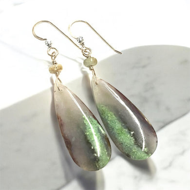 Earrings with light blue and brown opalized wood