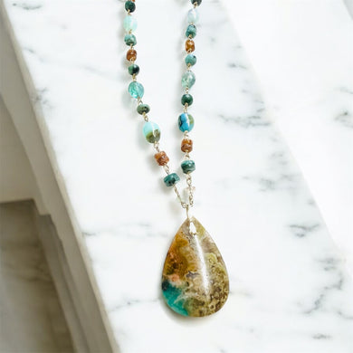 Necklace with deep green and brown colors opalized wood